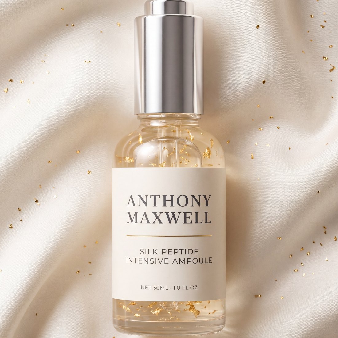 Silk peptide ampoule with gold flakes close up