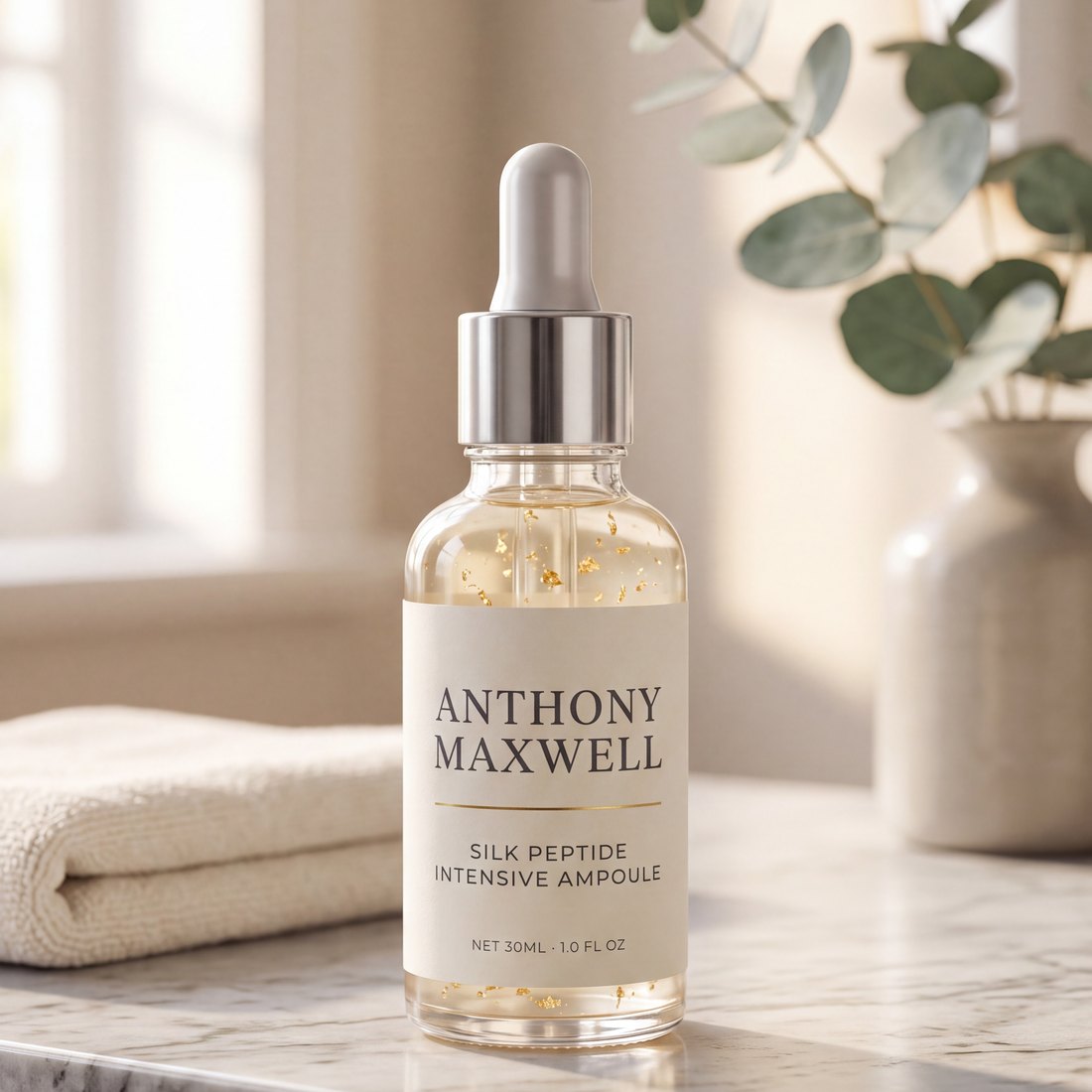 Silk peptide ampoule on vanity lifestyle shot