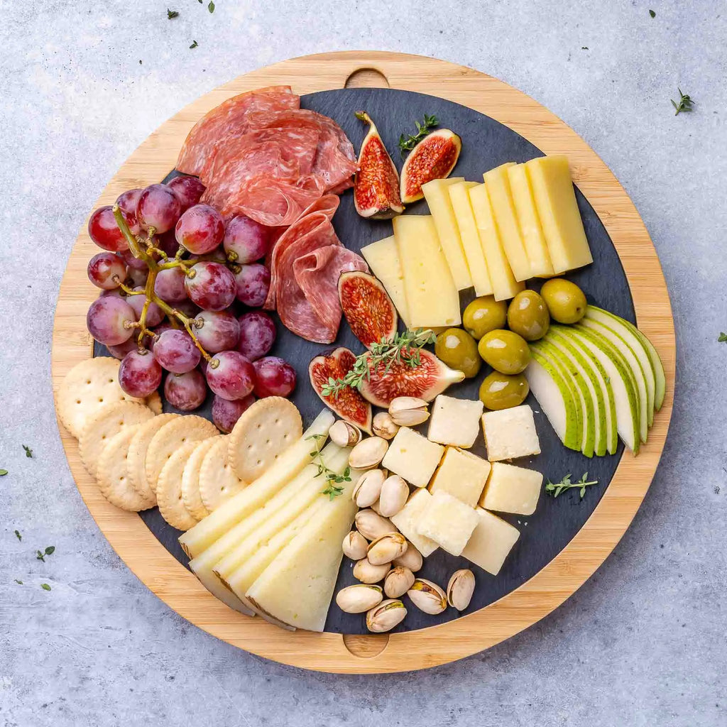Round Bamboo Cheese Board with Knife Set and Removable Slate